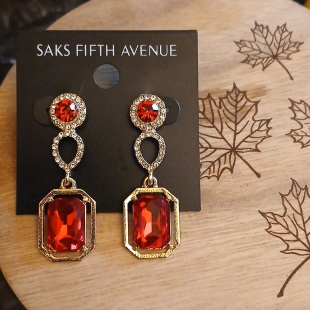 New Saks Fifth Avenue Women's Red Emerald Cut Crystals Gold Earrings Drop Penant